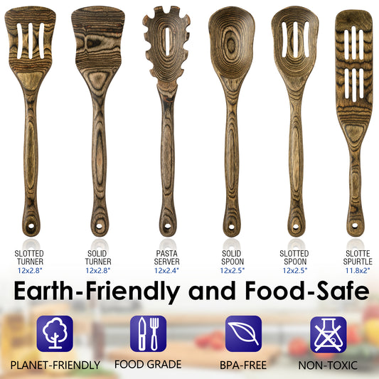 HOWHONG Pakkawood 6-Piece Wooden Cooking Utensil Set - Wood Kitchen Utensil Set, Wooden Spoons for Cooking and Serving, Nonstick Safe Non-Toxic Wooden Cooking Tools Long Handle Design (Granite Color)