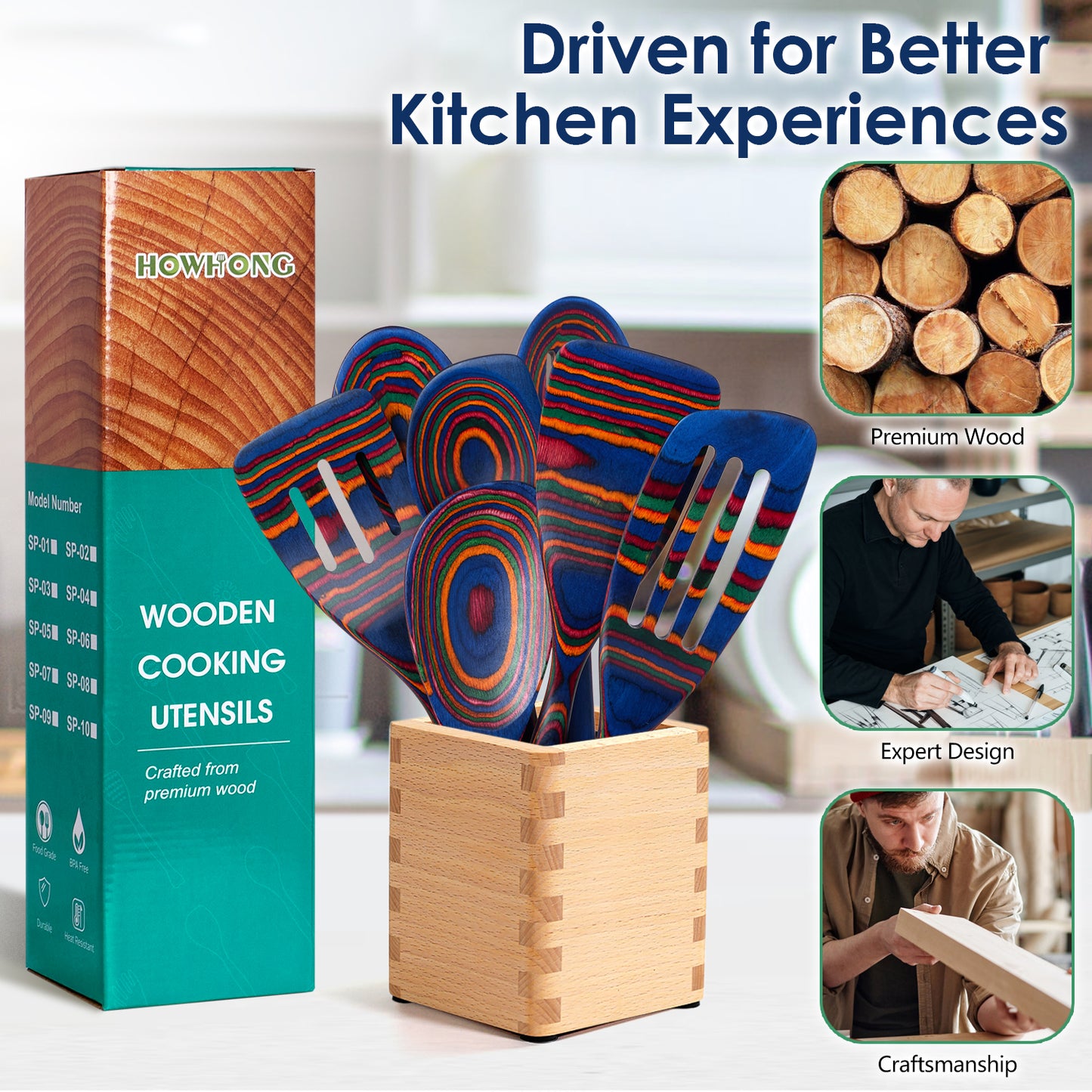 HOWHONG Pakkawood 7-Piece Wooden Cooking Utensil Set - Wood Kitchen Utensil Set, Wooden Spoons for Cooking and Serving, Nonstick Safe Non-Toxic Wooden Cooking Tools (Spectrum Color)