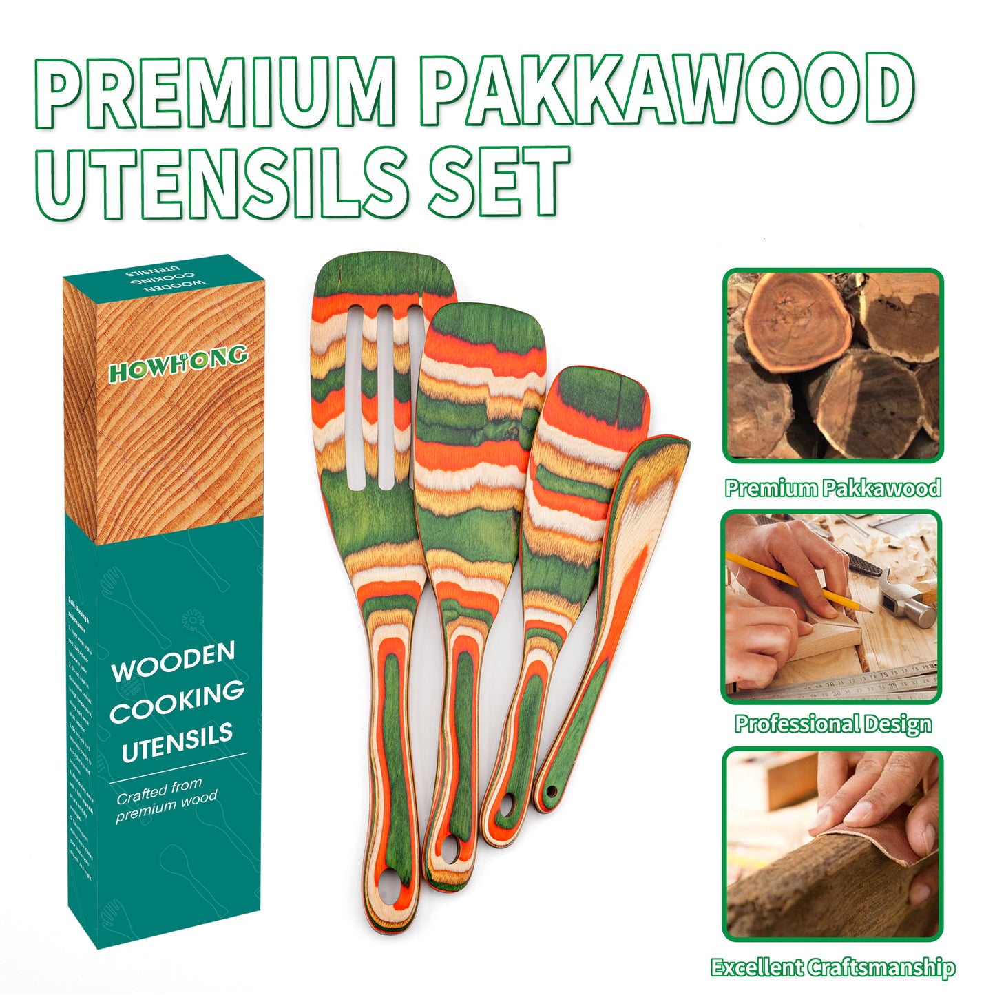 HOWHONG Wooden Spurtle Set 4 Pcs Pakkawood Kitchen Utensils, Wooden Spoons for Cooking, Apartment Essentials Wood Serving Kitchen Tools, Camping Cookware by HOWHONG (Verdant Color)
