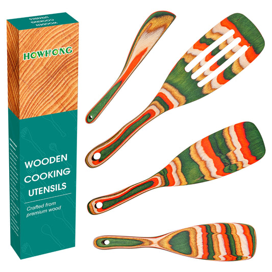 HOWHONG Wooden Spurtle Set 4 Pcs Pakkawood Kitchen Utensils, Wooden Spoons for Cooking, Apartment Essentials Wood Serving Kitchen Tools, Camping Cookware by HOWHONG (Verdant Color)