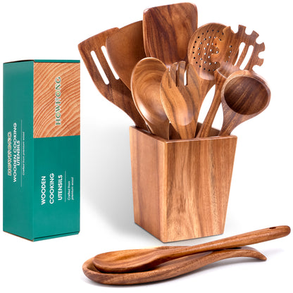HOWHONG Wooden Spoons for Cooking, 11-Piece Natural Acacia Wood Cooking Utensil Set – Wooden Kitchen Utensil with Holder and Spoon Rest, Nonstick Safe Non-Toxic Wooden Cooking Tools