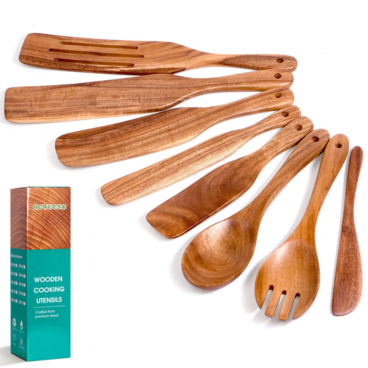 HOWHONG Wooden Spurtle Set, Spurtle Spatula, 8-Pcs Natural Acacia Wood Cooking Tools – Wooden Kitchen Utensils Set with Smooth Finish Comfort Grip, Nonstick Safe Non-Toxic Wood Cooking Spoons