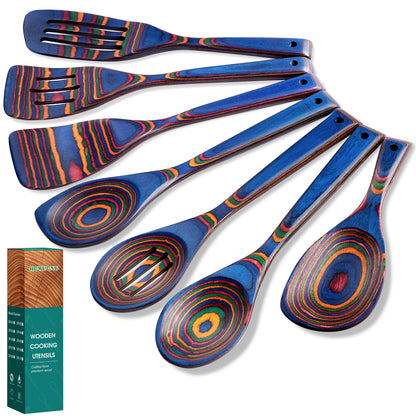 HOWHONG Pakkawood 7-Piece Wooden Cooking Utensil Set - Wood Kitchen Utensil Set, Wooden Spoons for Cooking and Serving, Nonstick Safe Non-Toxic Wooden Cooking Tools (Spectrum Color)