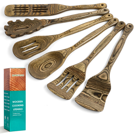 HOWHONG Pakkawood 6-Piece Wooden Cooking Utensil Set - Wood Kitchen Utensil Set, Wooden Spoons for Cooking and Serving, Nonstick Safe Non-Toxic Wooden Cooking Tools Long Handle Design (Granite Color)