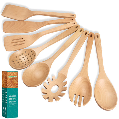 HOWHONG Wooden Spoons for Cooking, 8-Piece Natural Beech Wood Cooking Utensils Set – Wooden Kitchen Utensils Set, Nonstick Safe Non-Toxic Wooden Cooking Tools