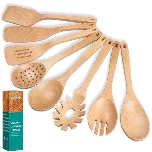 HOWHONG Wooden Spoons for Cooking, 8-Piece Natural Beech Wood Cooking Utensils Set – Wooden Kitchen Utensils Set, Nonstick Safe Non-Toxic Wooden Cooking Tools