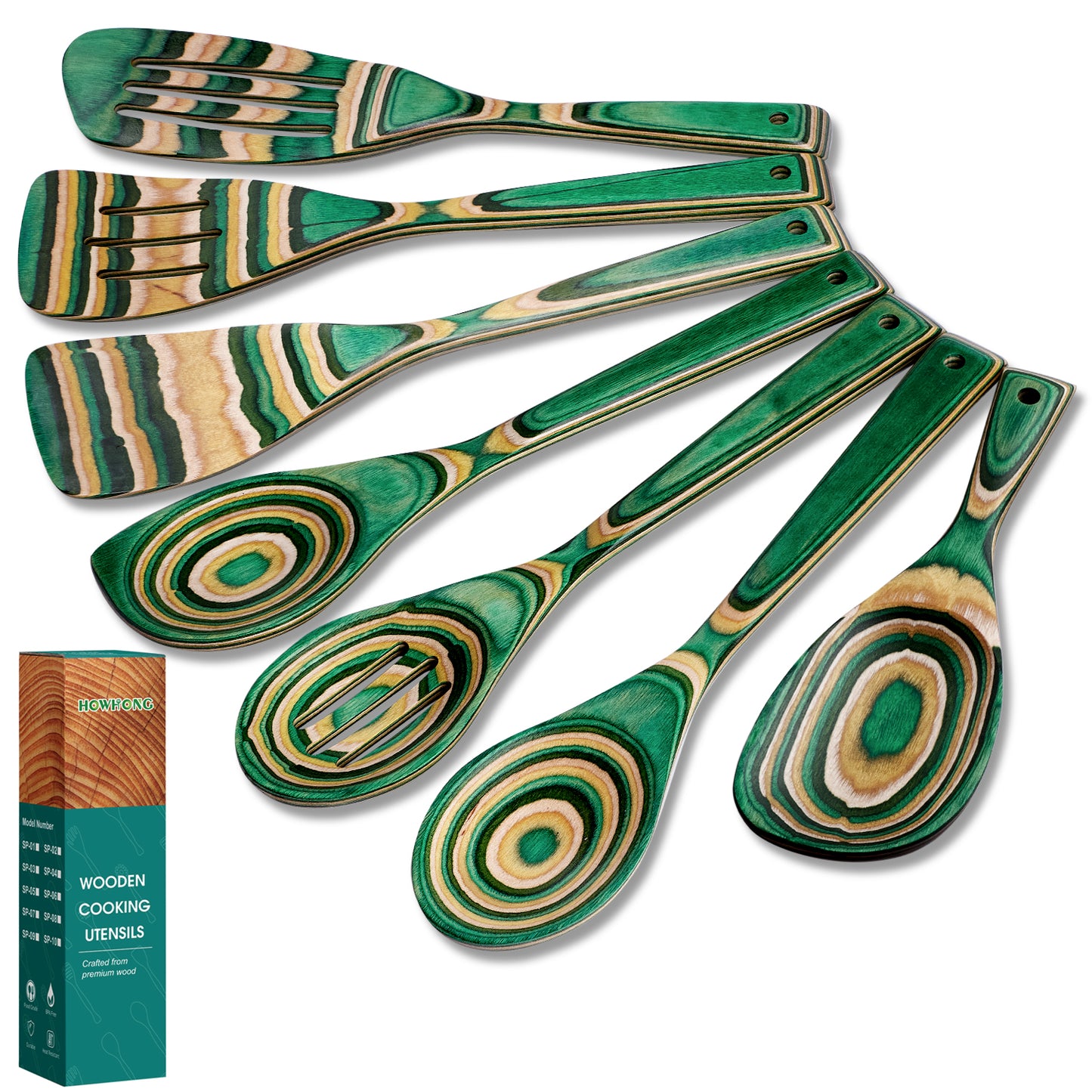 HOWHONG Pakkawood 7-Piece Wooden Cooking Utensil Set - Wood Kitchen Utensil Set, Wooden Spoons for Cooking and Serving, Nonstick Safe Non-Toxic Wooden Cooking Tools (Oasis Color)