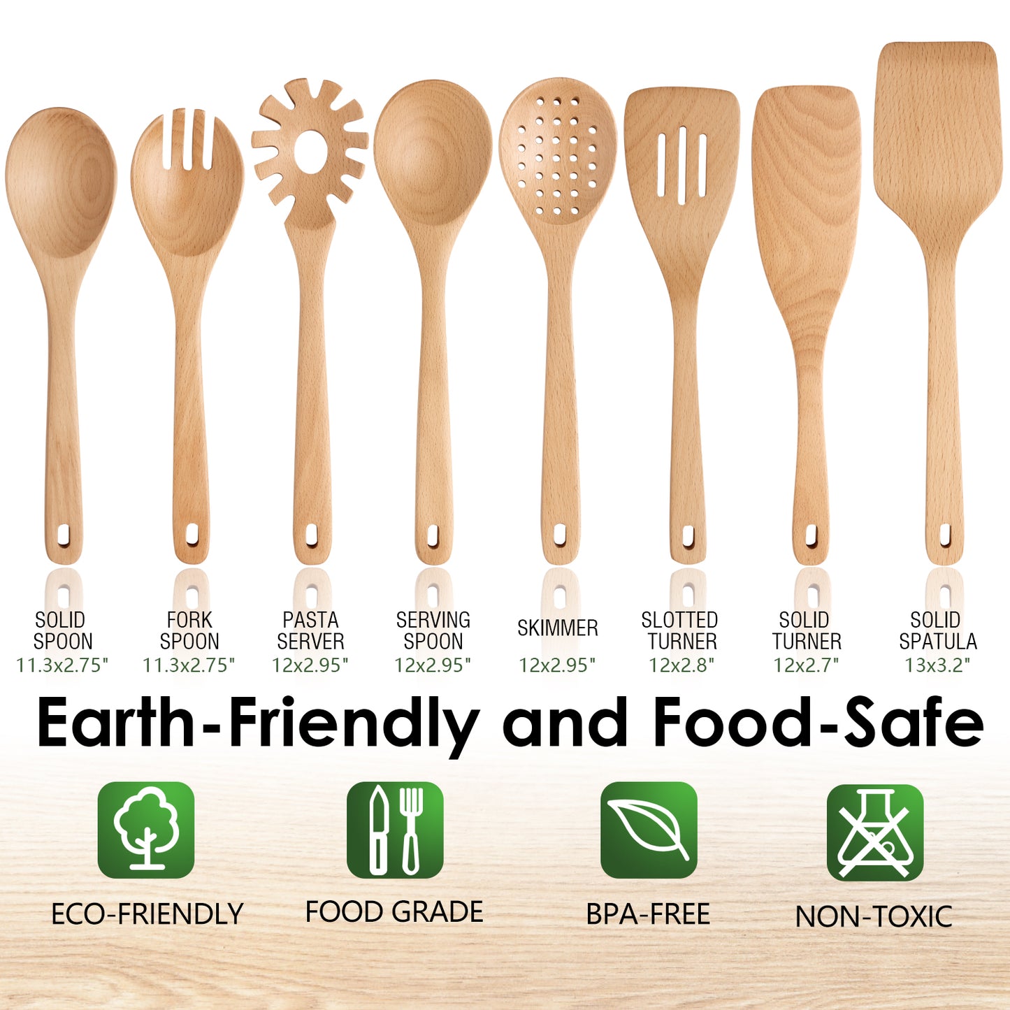 HOWHONG Wooden Spoons for Cooking, 8-Piece Natural Beech Wood Cooking Utensils Set – Wooden Kitchen Utensils Set, Nonstick Safe Non-Toxic Wooden Cooking Tools