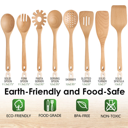 HOWHONG Wooden Spoons for Cooking, 8-Piece Natural Beech Wood Cooking Utensils Set – Wooden Kitchen Utensils Set, Nonstick Safe Non-Toxic Wooden Cooking Tools