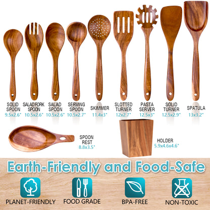 HOWHONG Wooden Spoons for Cooking, 11-Piece Natural Acacia Wood Cooking Utensil Set – Wooden Kitchen Utensil with Holder and Spoon Rest, Nonstick Safe Non-Toxic Wooden Cooking Tools