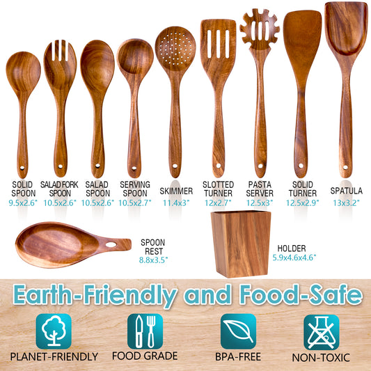HOWHONG Wooden Spoons for Cooking, 11-Piece Natural Acacia Wood Cooking Utensil Set – Wooden Kitchen Utensil with Holder and Spoon Rest, Nonstick Safe Non-Toxic Wooden Cooking Tools