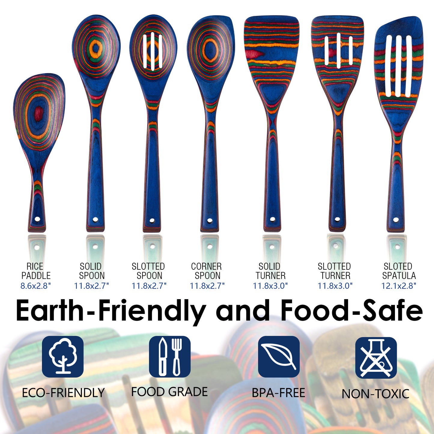 HOWHONG Pakkawood 7-Piece Wooden Cooking Utensil Set - Wood Kitchen Utensil Set, Wooden Spoons for Cooking and Serving, Nonstick Safe Non-Toxic Wooden Cooking Tools (Spectrum Color)