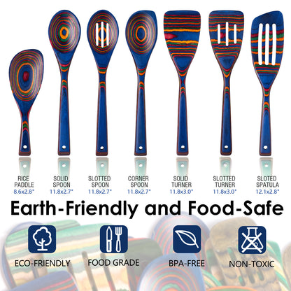 HOWHONG Pakkawood 7-Piece Wooden Cooking Utensil Set - Wood Kitchen Utensil Set, Wooden Spoons for Cooking and Serving, Nonstick Safe Non-Toxic Wooden Cooking Tools (Spectrum Color)