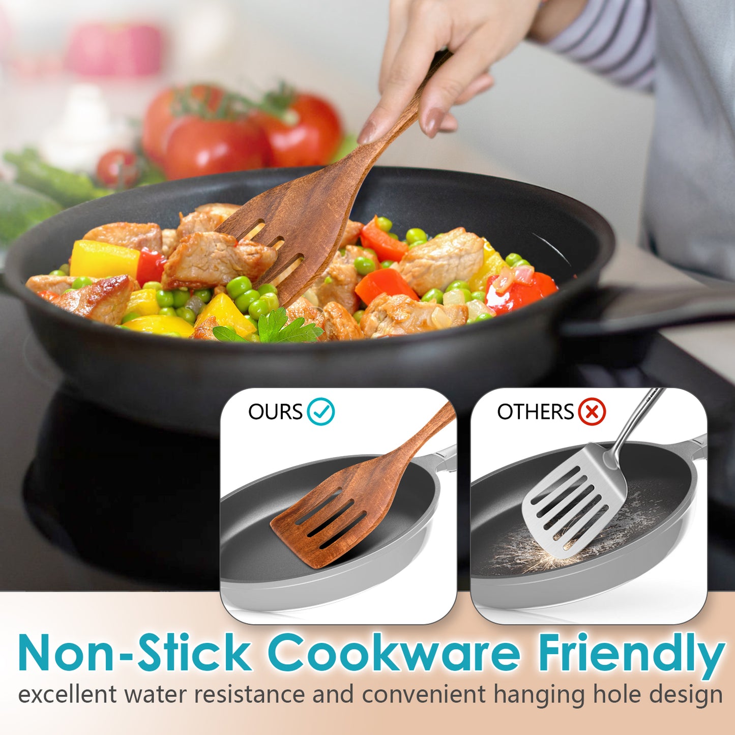 HOWHONG Wooden Spoons for Cooking, 11-Piece Natural Acacia Wood Cooking Utensil Set – Wooden Kitchen Utensil with Holder and Spoon Rest, Nonstick Safe Non-Toxic Wooden Cooking Tools