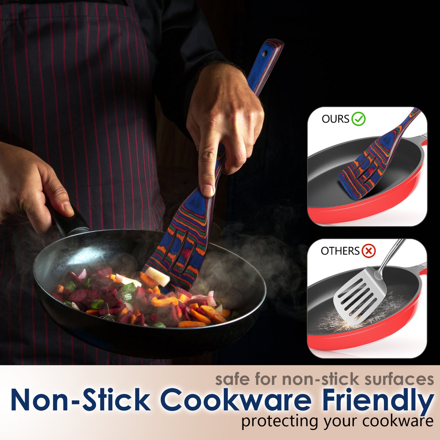 HOWHONG Pakkawood 7-Piece Wooden Cooking Utensil Set - Wood Kitchen Utensil Set, Wooden Spoons for Cooking and Serving, Nonstick Safe Non-Toxic Wooden Cooking Tools (Spectrum Color)