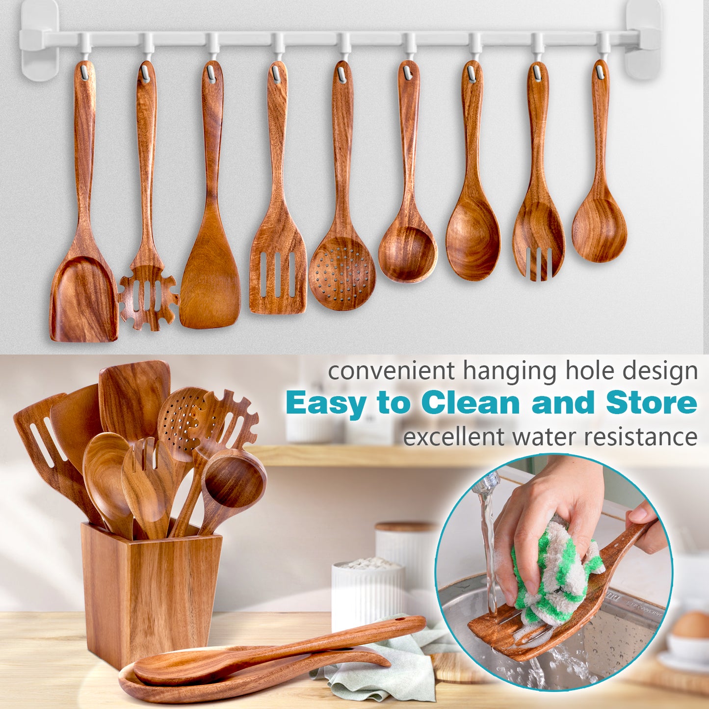 HOWHONG Wooden Spoons for Cooking, 11-Piece Natural Acacia Wood Cooking Utensil Set – Wooden Kitchen Utensil with Holder and Spoon Rest, Nonstick Safe Non-Toxic Wooden Cooking Tools