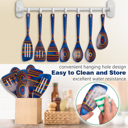 HOWHONG Pakkawood 7-Piece Wooden Cooking Utensil Set - Wood Kitchen Utensil Set, Wooden Spoons for Cooking and Serving, Nonstick Safe Non-Toxic Wooden Cooking Tools (Spectrum Color)