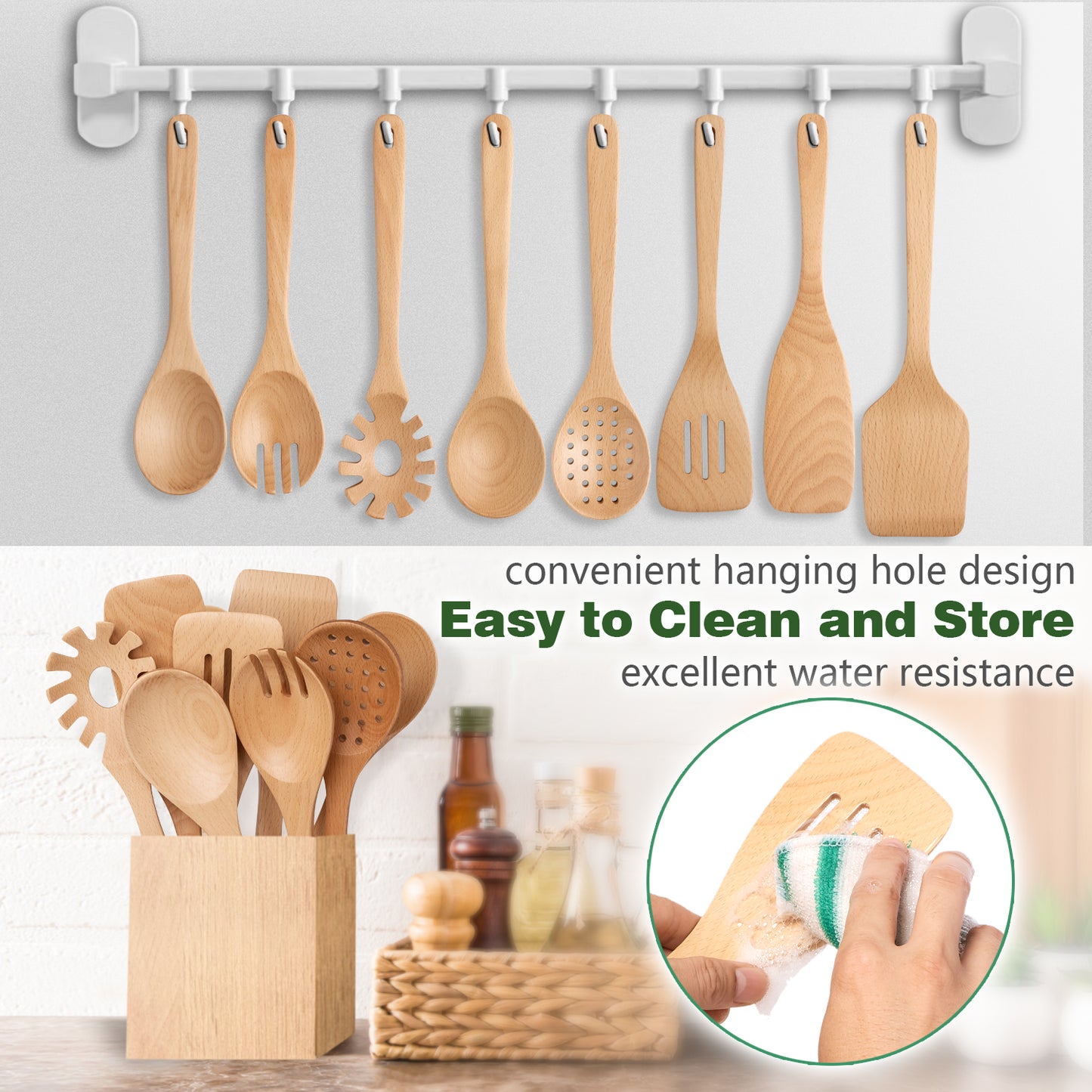 HOWHONG Wooden Spoons for Cooking, 8-Piece Natural Beech Wood Cooking Utensils Set – Wooden Kitchen Utensils Set, Nonstick Safe Non-Toxic Wooden Cooking Tools