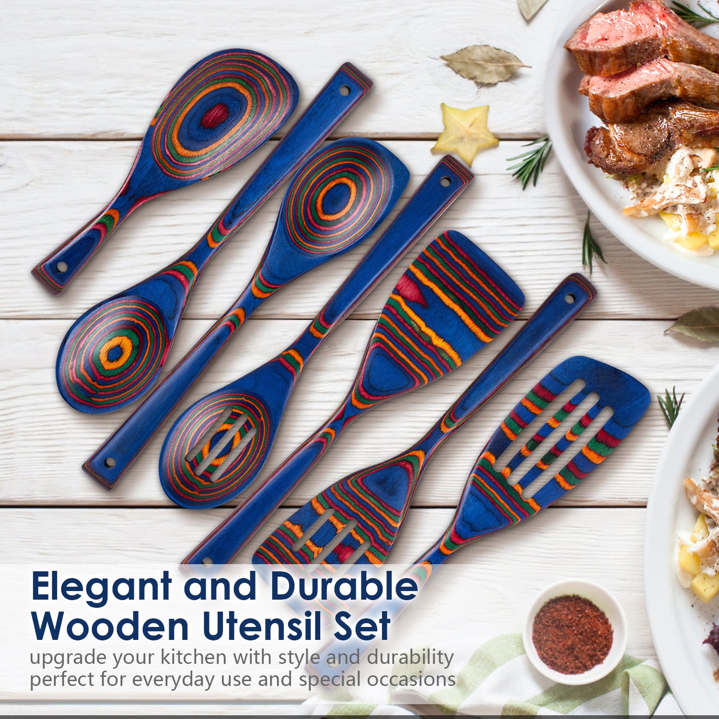 HOWHONG Pakkawood 7-Piece Wooden Cooking Utensil Set - Wood Kitchen Utensil Set, Wooden Spoons for Cooking and Serving, Nonstick Safe Non-Toxic Wooden Cooking Tools (Spectrum Color)