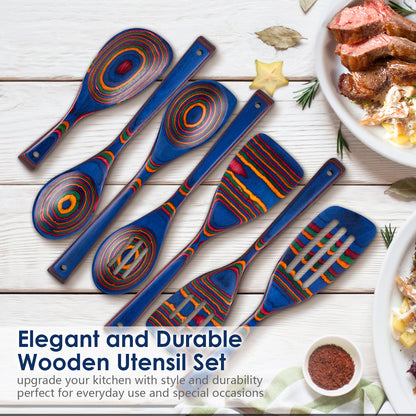 HOWHONG Pakkawood 7-Piece Wooden Cooking Utensil Set - Wood Kitchen Utensil Set, Wooden Spoons for Cooking and Serving, Nonstick Safe Non-Toxic Wooden Cooking Tools (Spectrum Color)