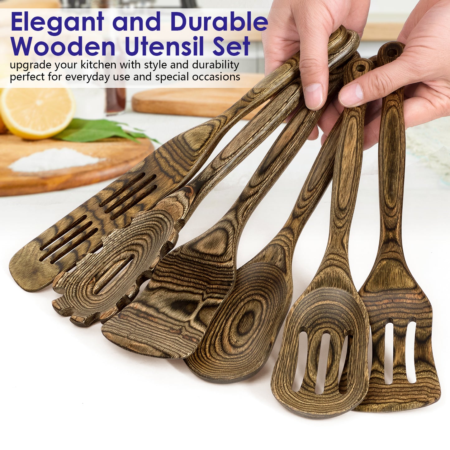 HOWHONG Pakkawood 6-Piece Wooden Cooking Utensil Set - Wood Kitchen Utensil Set, Wooden Spoons for Cooking and Serving, Nonstick Safe Non-Toxic Wooden Cooking Tools Long Handle Design (Granite Color)