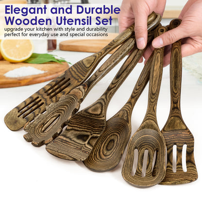 HOWHONG Pakkawood 6-Piece Wooden Cooking Utensil Set - Wood Kitchen Utensil Set, Wooden Spoons for Cooking and Serving, Nonstick Safe Non-Toxic Wooden Cooking Tools Long Handle Design (Granite Color)