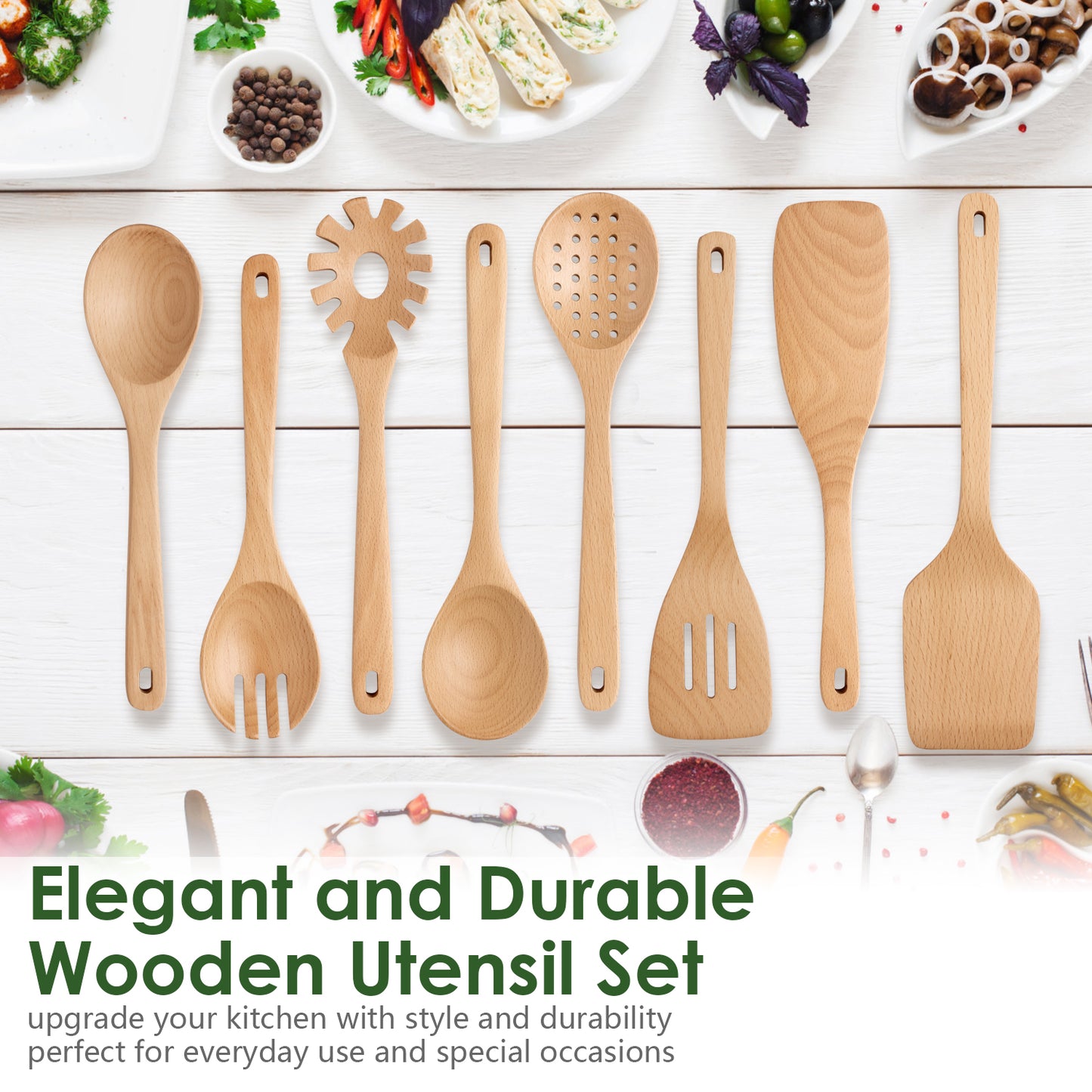 HOWHONG Wooden Spoons for Cooking, 8-Piece Natural Beech Wood Cooking Utensils Set – Wooden Kitchen Utensils Set, Nonstick Safe Non-Toxic Wooden Cooking Tools