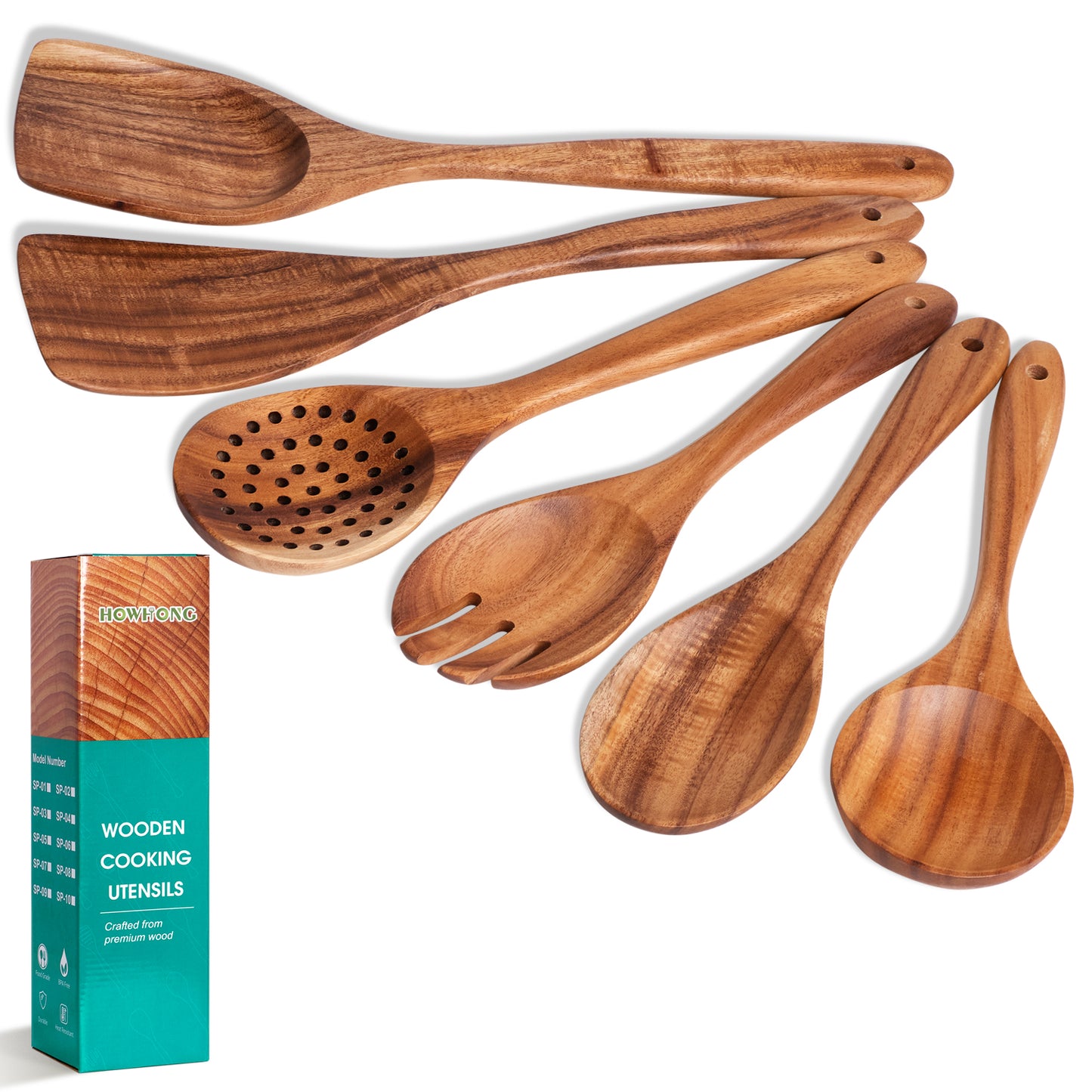 HOWHONG Wooden Spoons for Cooking, 6-Piece Natural Teak Wood Cooking Utensil Set – Wooden Kitchen Utensil Set with Smooth Finish Comfort Grip, Nonstick Safe Non-Toxic Wooden Cooking Tools