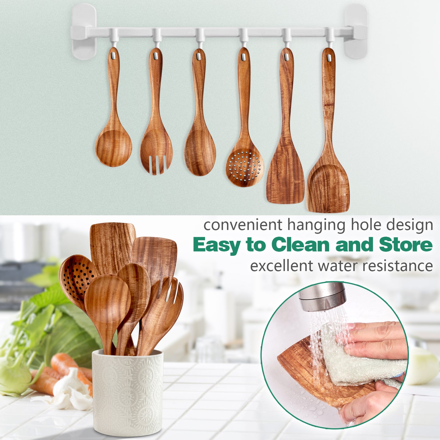 HOWHONG Wooden Spoons for Cooking, 6-Piece Natural Teak Wood Cooking Utensil Set – Wooden Kitchen Utensil Set with Smooth Finish Comfort Grip, Nonstick Safe Non-Toxic Wooden Cooking Tools