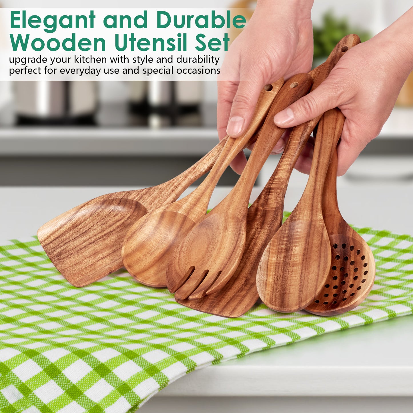 HOWHONG Wooden Spoons for Cooking, 6-Piece Natural Teak Wood Cooking Utensil Set – Wooden Kitchen Utensil Set with Smooth Finish Comfort Grip, Nonstick Safe Non-Toxic Wooden Cooking Tools