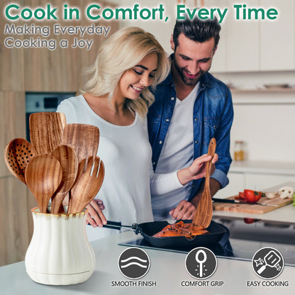 HOWHONG Wooden Spoons for Cooking, 6-Piece Natural Teak Wood Cooking Utensil Set – Wooden Kitchen Utensil Set with Smooth Finish Comfort Grip, Nonstick Safe Non-Toxic Wooden Cooking Tools