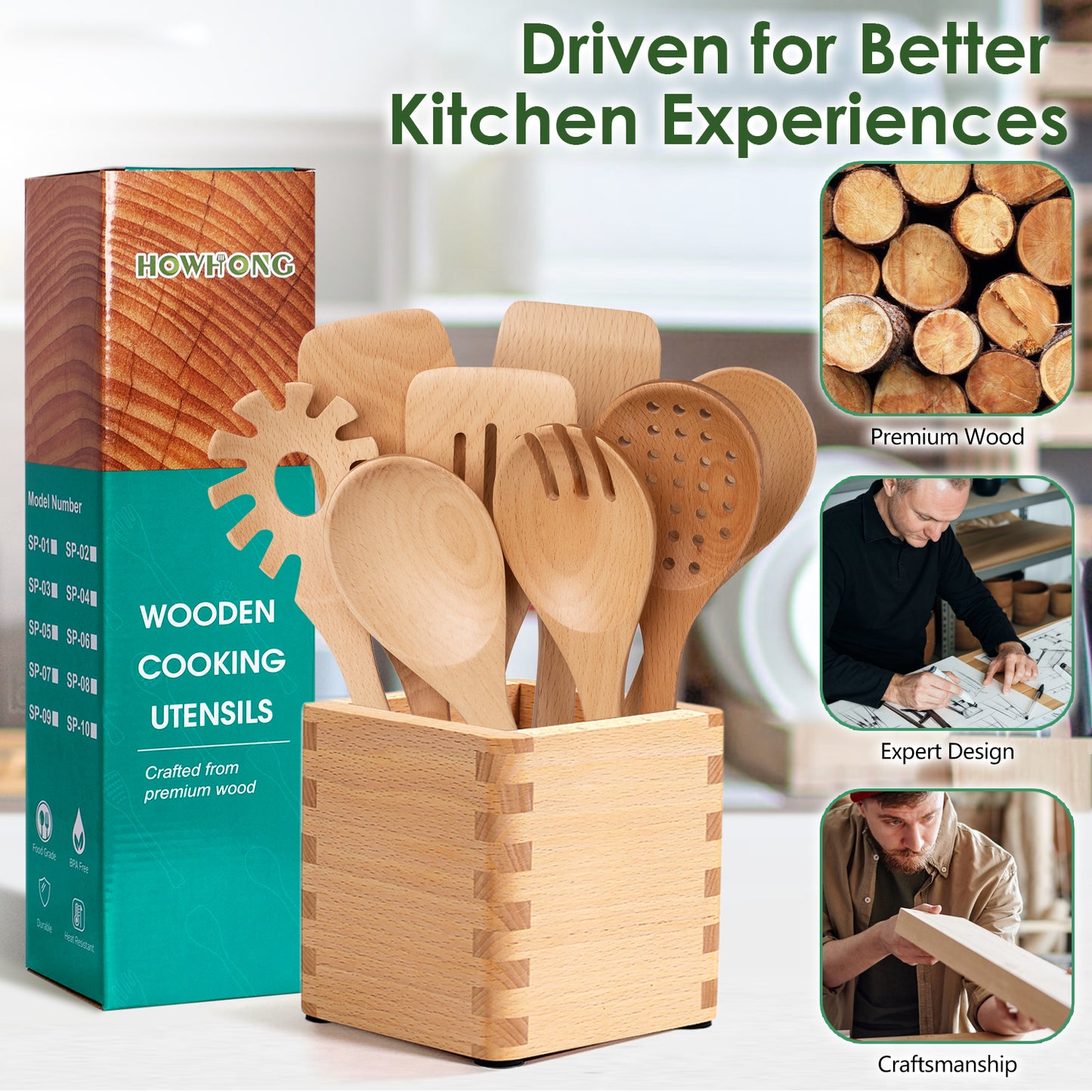 HOWHONG Wooden Spoons for Cooking, 8-Piece Natural Beech Wood Cooking Utensils Set – Wooden Kitchen Utensils Set, Nonstick Safe Non-Toxic Wooden Cooking Tools