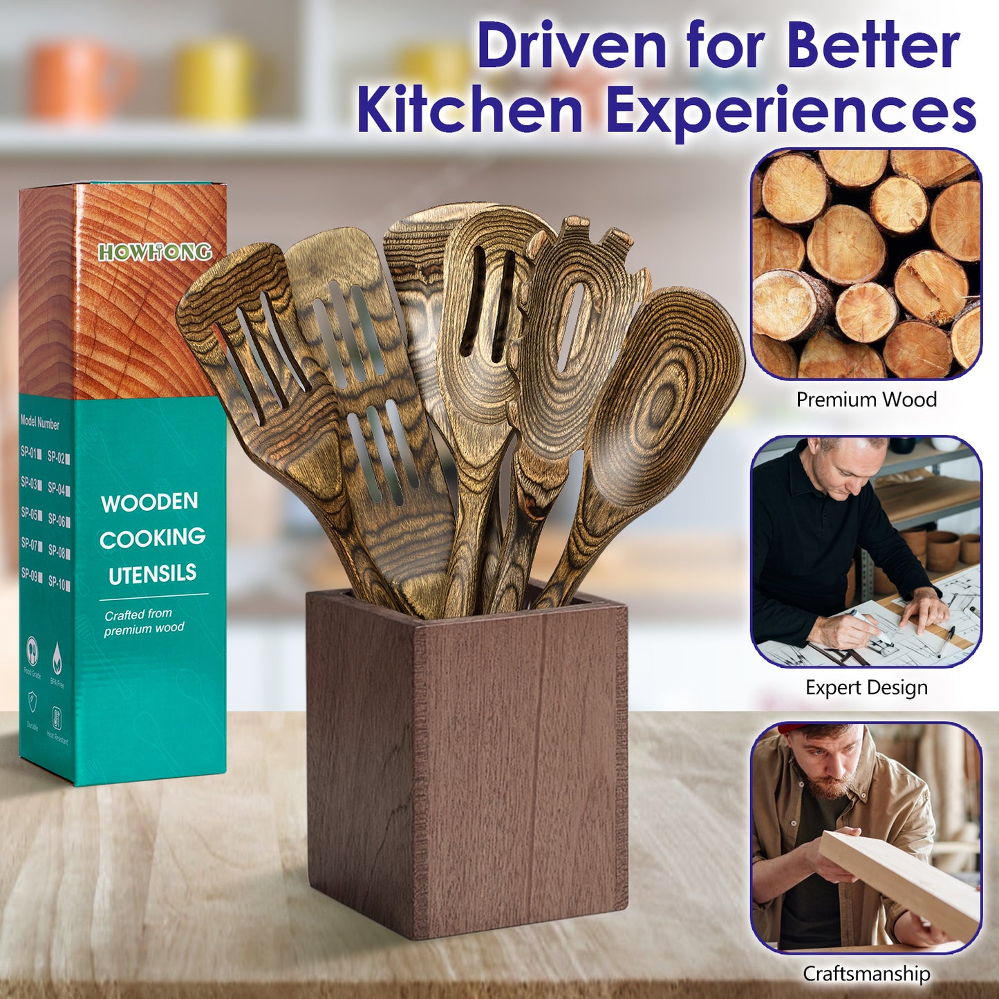 HOWHONG Pakkawood 6-Piece Wooden Cooking Utensil Set - Wood Kitchen Utensil Set, Wooden Spoons for Cooking and Serving, Nonstick Safe Non-Toxic Wooden Cooking Tools Long Handle Design (Granite Color)