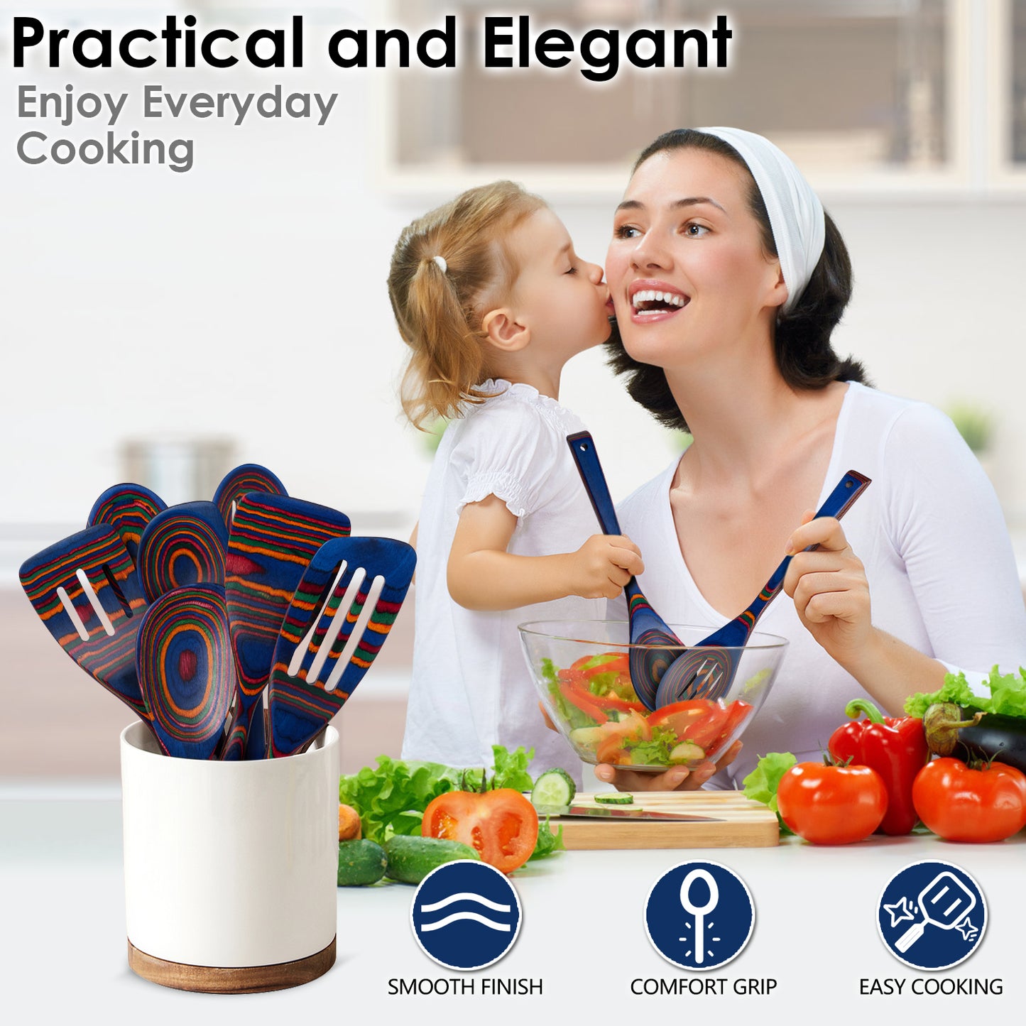 HOWHONG Pakkawood 7-Piece Wooden Cooking Utensil Set - Wood Kitchen Utensil Set, Wooden Spoons for Cooking and Serving, Nonstick Safe Non-Toxic Wooden Cooking Tools (Spectrum Color)