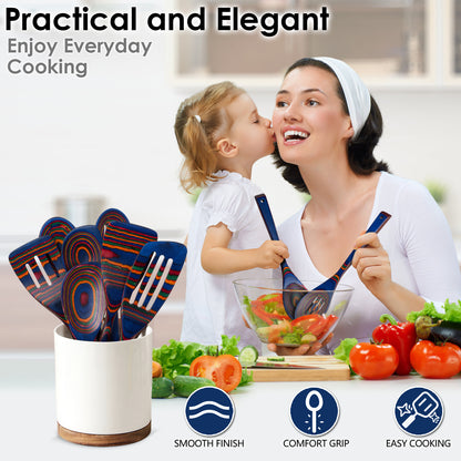 HOWHONG Pakkawood 7-Piece Wooden Cooking Utensil Set - Wood Kitchen Utensil Set, Wooden Spoons for Cooking and Serving, Nonstick Safe Non-Toxic Wooden Cooking Tools (Spectrum Color)