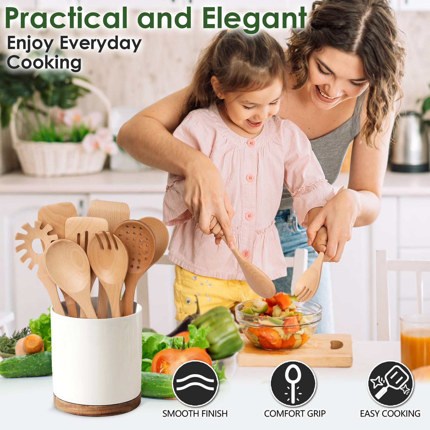 HOWHONG Wooden Spoons for Cooking, 8-Piece Natural Beech Wood Cooking Utensils Set – Wooden Kitchen Utensils Set, Nonstick Safe Non-Toxic Wooden Cooking Tools