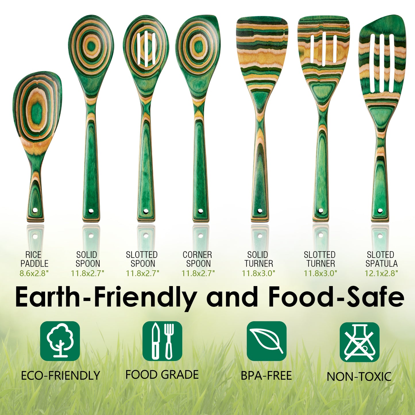 HOWHONG Pakkawood 7-Piece Wooden Cooking Utensil Set - Wood Kitchen Utensil Set, Wooden Spoons for Cooking and Serving, Nonstick Safe Non-Toxic Wooden Cooking Tools (Oasis Color)