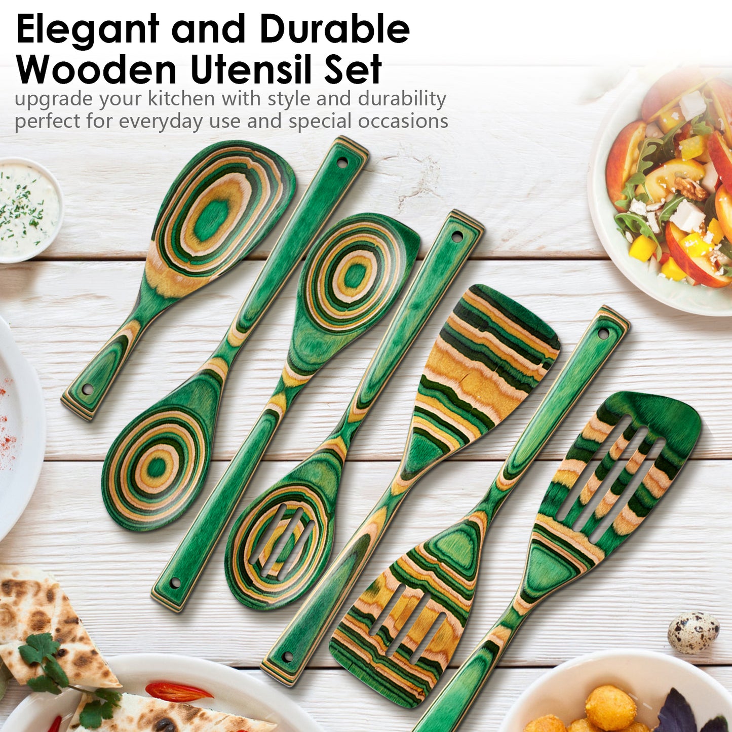 HOWHONG Pakkawood 7-Piece Wooden Cooking Utensil Set - Wood Kitchen Utensil Set, Wooden Spoons for Cooking and Serving, Nonstick Safe Non-Toxic Wooden Cooking Tools (Oasis Color)