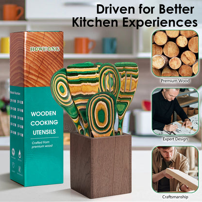 HOWHONG Pakkawood 7-Piece Wooden Cooking Utensil Set - Wood Kitchen Utensil Set, Wooden Spoons for Cooking and Serving, Nonstick Safe Non-Toxic Wooden Cooking Tools (Oasis Color)