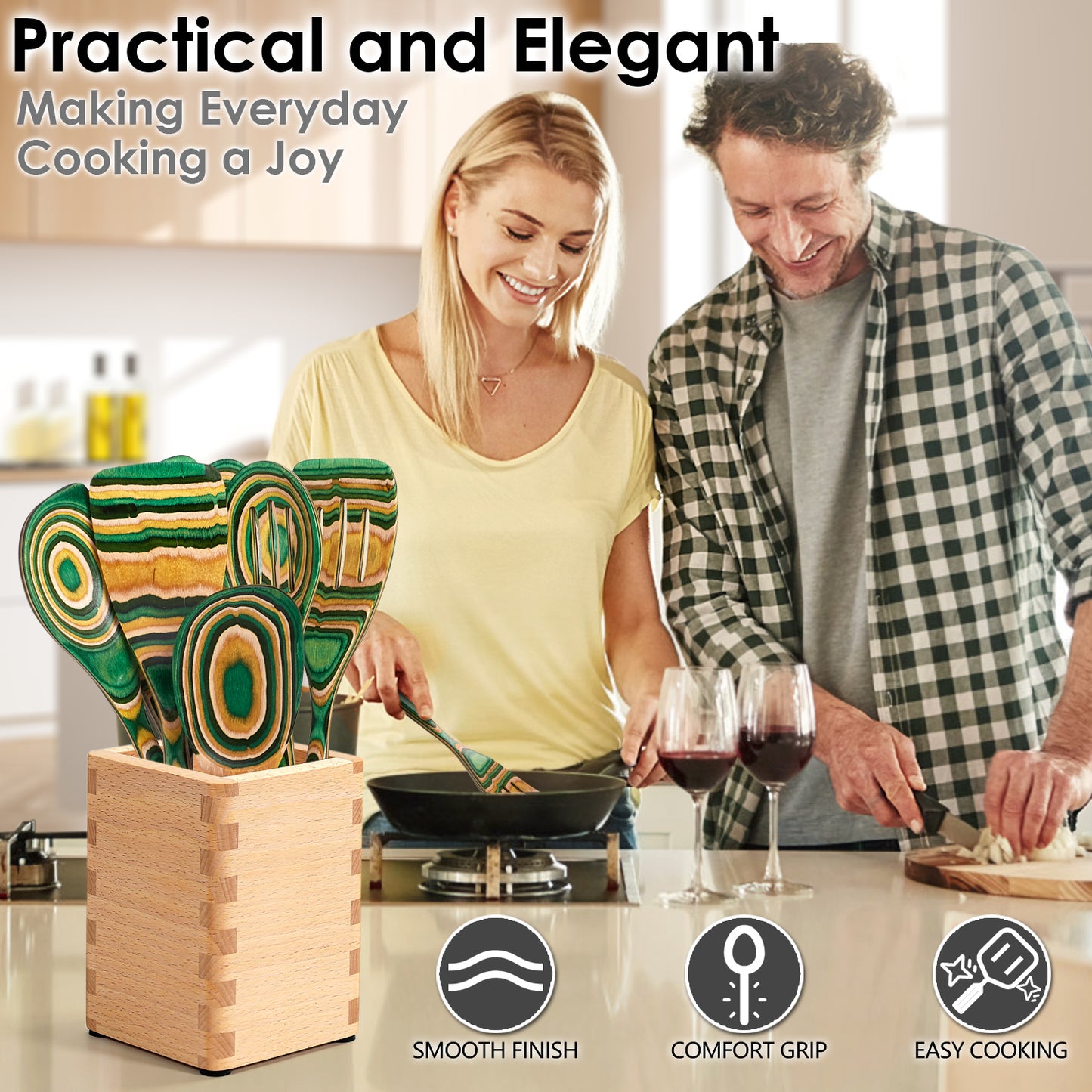 HOWHONG Pakkawood 7-Piece Wooden Cooking Utensil Set - Wood Kitchen Utensil Set, Wooden Spoons for Cooking and Serving, Nonstick Safe Non-Toxic Wooden Cooking Tools (Oasis Color)